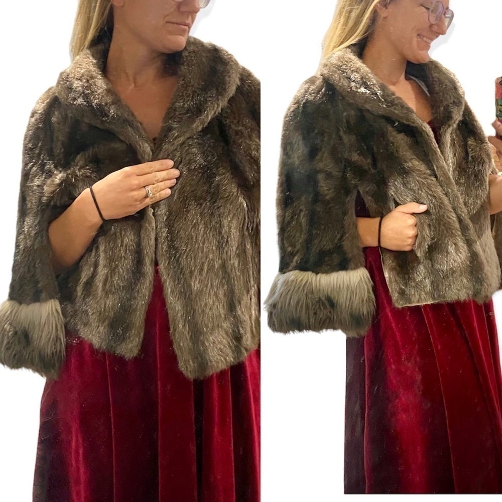 Vintage 60s Regina Glenara faux fur brown greige stole cape one size POCKETS